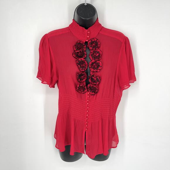 Bebe NEW Silk Flower Detail Puff Sleeve Peplum Blouse L Red Beads Smocked Sheer - Picture 1 of 9